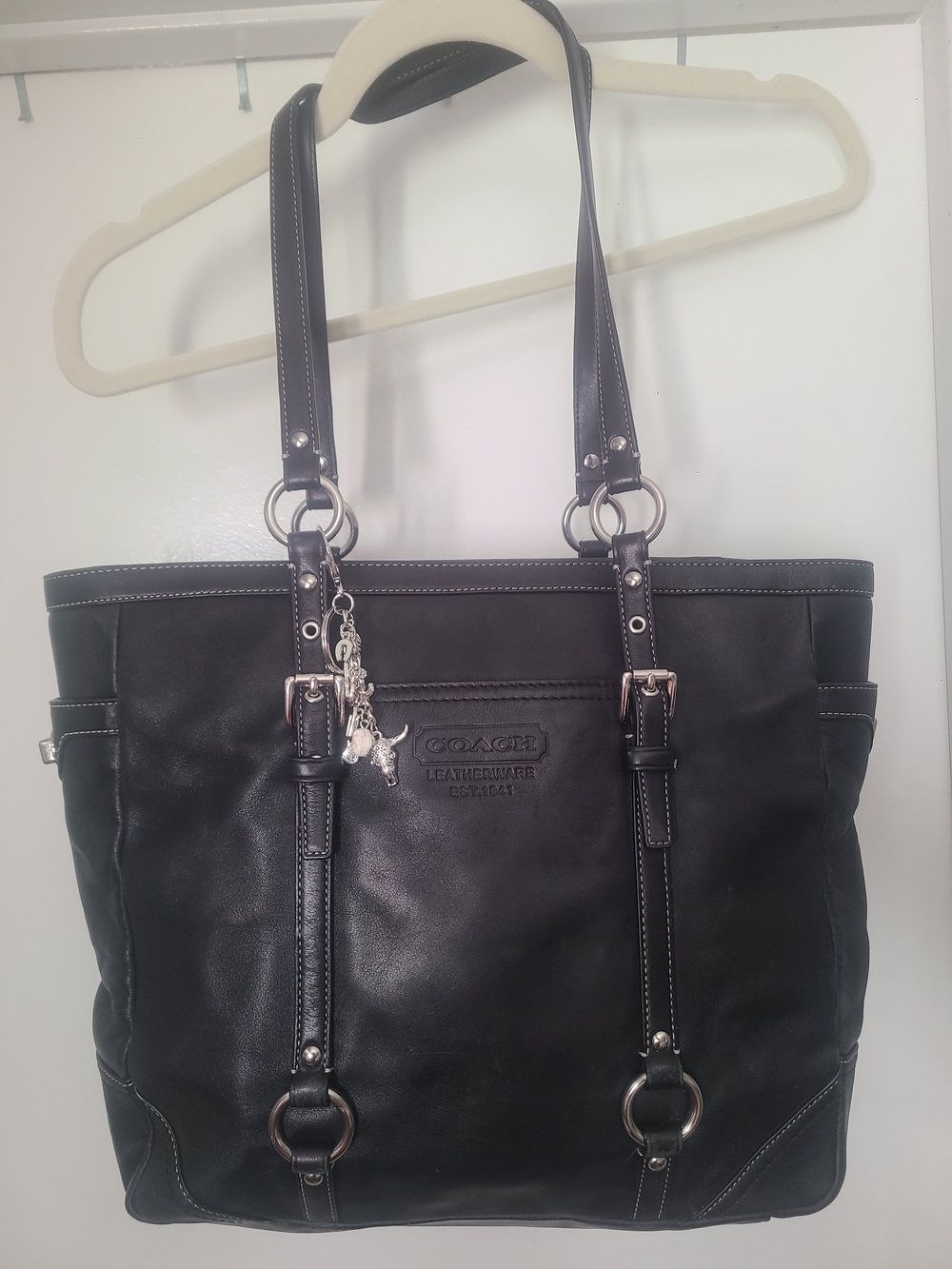 Coach Black Leather Shoulder Tote with Charm Accent